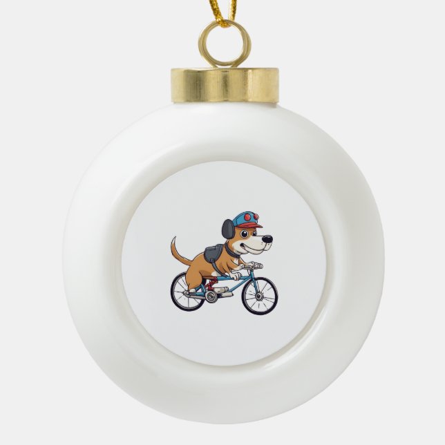 dog driving a bicycle ceramic ball christmas ornament (Front)