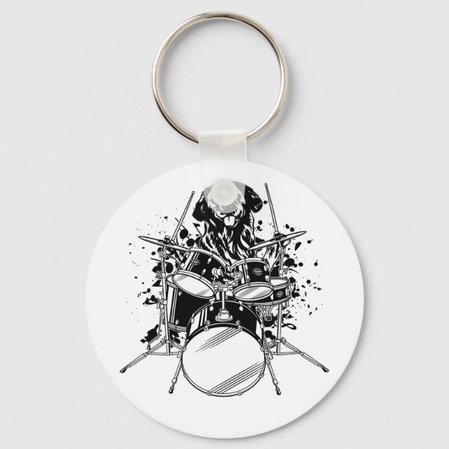 Dog Drummer Playing Drums Button Keychain (Front)