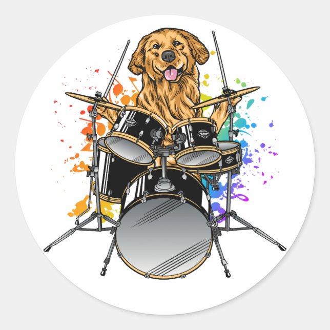 Dog Drummer Playing Drums Classic Round Sticker (Front)
