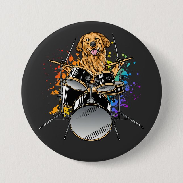 Dog Drummer Playing Drums Round 3 Inch Round Button (Front)