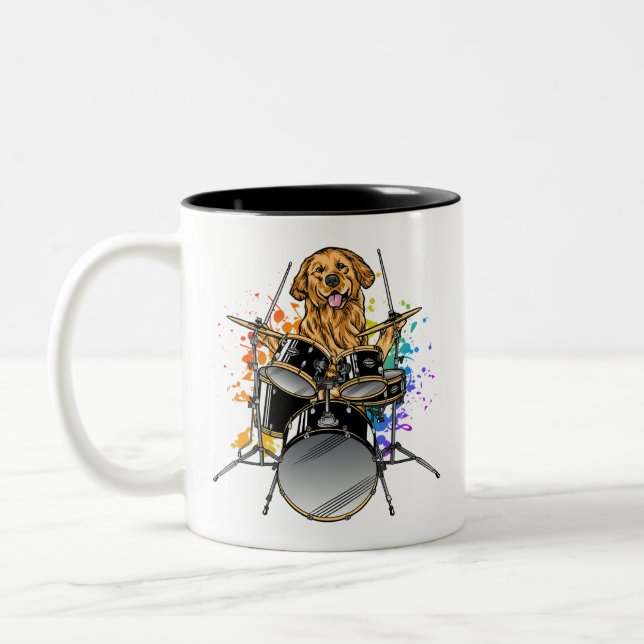 Dog Drummer Playing Drums Two-Tone Coffee Mug (Left)