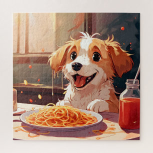 Dog eating spaghetti jigsaw puzzle
