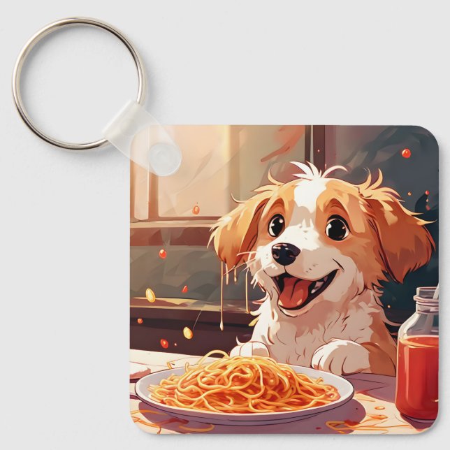 Dog eating spaghetti keychain (Front)