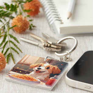 Dog eating spaghetti keychain