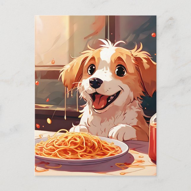 Dog eating spaghetti postcard (Front)