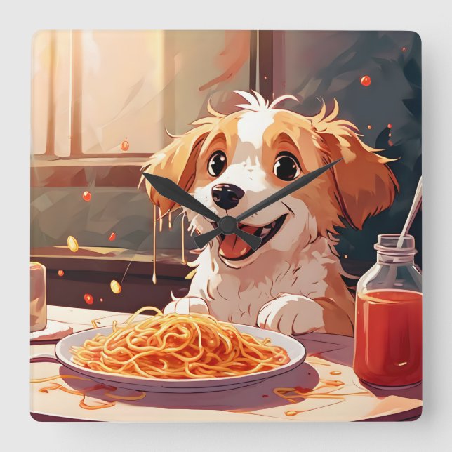 Dog eating spaghetti square wall clock (Front)