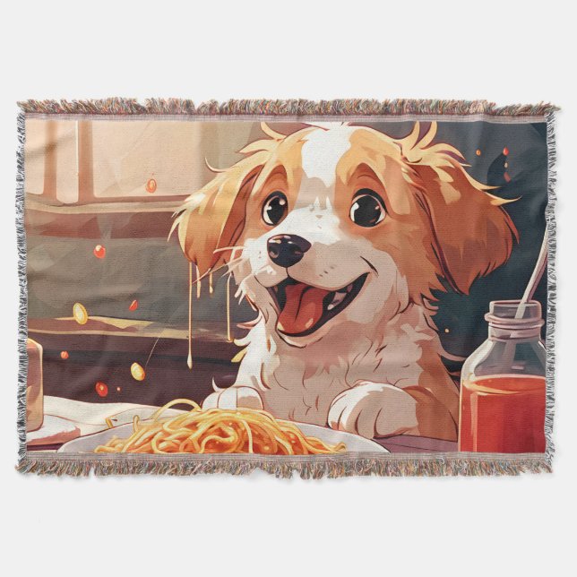 Dog eating spaghetti throw blanket (Front)