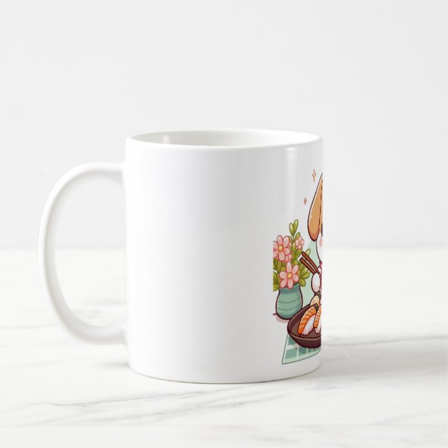 Dog eating sushi coffee mug (Left)
