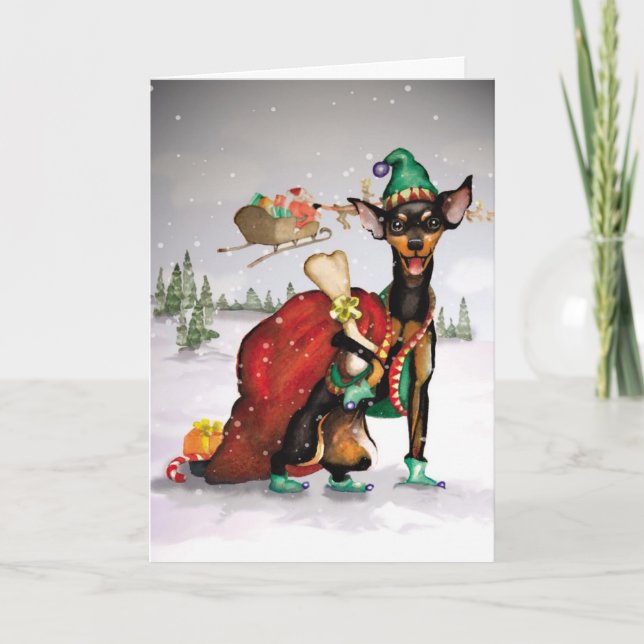 Dog Elf - Miniature Pinscher Christmas Card (Front)