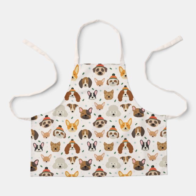Dog Faces in Winter Hats Holiday Pattern Apron (Front)