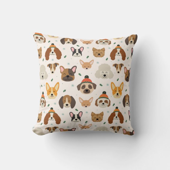 Dog Faces in Winter Hats Holiday Pattern Throw Pillow (Front)