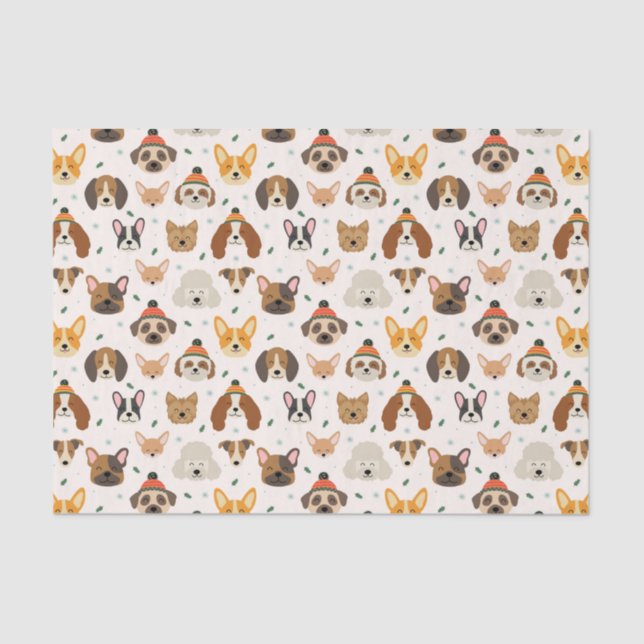 Dog Faces in Winter Hats Holiday Pattern Tissue Paper (Front)