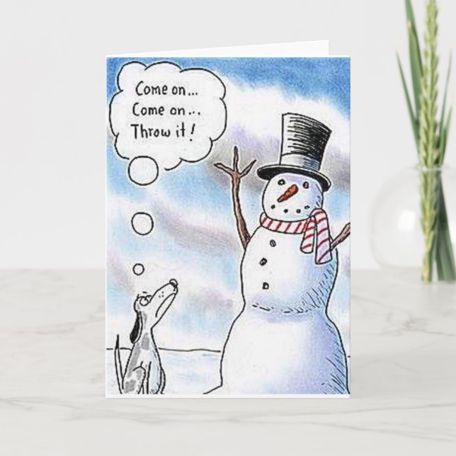 Dog Fetch with Snowman Holiday Card (Front)