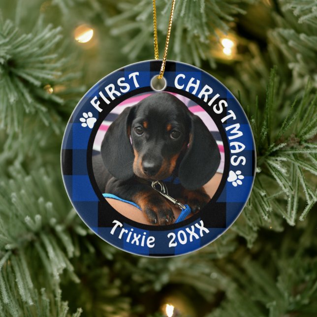 Dog First Christmas 2-Photo Blue and Black Plaid Ceramic Ornament (Tree)