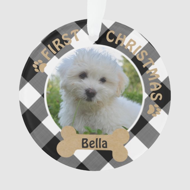 Dog FIRST CHRISTMAS Black White Buffalo Plaid Ornament (Front)