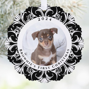 Dog First Christmas Black White Photo Ornament Card