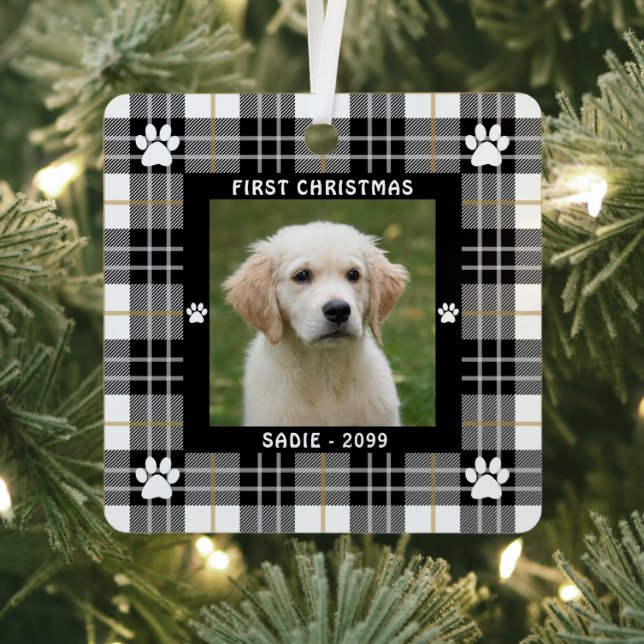 Dog FIRST CHRISTMAS Black White Tan Plaid 2 Photo Metal Ornament (Insitu)