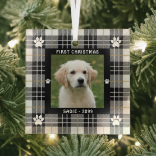 Dog FIRST CHRISTMAS Black White Tan Plaid Glass Ornament