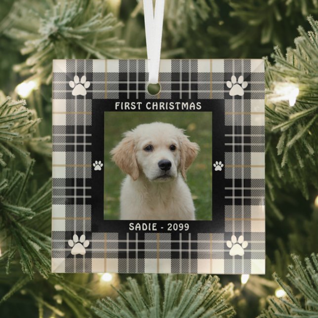 Dog FIRST CHRISTMAS Black White Tan Plaid Glass Ornament (Insitu)