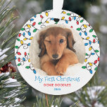 Dog First Christmas Christmas Lights Puppy Photo Ornament<br><div class="desc">Custom pet photo Christmas ornament for your puppy dog's first christmas, with colourful Christmas lights and editable wording. The photo template is set up for you to add one of your favourite pictures pictures, which will be framed with string light bulbs in red blue green and yellow. The wording currently...</div>