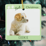 Dog First Christmas Pet Puppy Photo Pawprints Ceramic Ornament<br><div class="desc">Celebrate your pet's first Christmas with your own custom ornament. Personalize the front with a favourite photo of your pet, and their name underneath. The light green surround has two cute pawprints in the top corner, followed by 'First Christmas' words. On the reverse side, the greeting 'Merry Christmas' is displayed...</div>