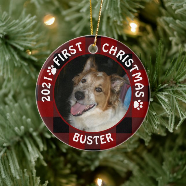 Dog FIRST CHRISTMAS Red Buffalo Plaid 2 Photo Ceramic Ornament (Tree)