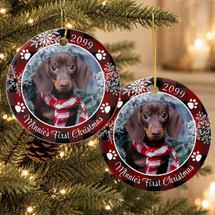 Dog First Christmas Snowflake Photo Red Plaid Ceramic Ornament
