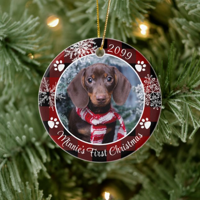 Dog First Christmas Snowflake Photo Red Plaid Ceramic Ornament (Tree)