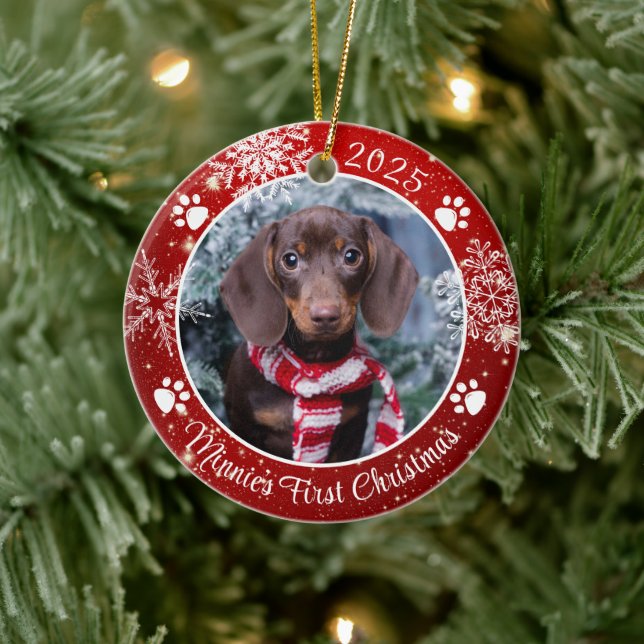 Dog First Christmas Snowflake Photo Red White Ceramic Ornament (Tree)