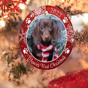 Dog First Christmas Snowflake Photo Red White Ceramic Ornament