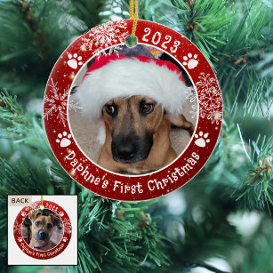 Dog First Christmas Snowflakes 2 Photo Red Ceramic Ornament