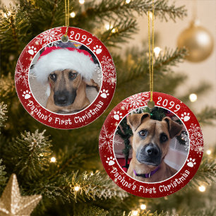 Dog First Christmas Snowflakes 2 Photo Red Ceramic Ornament