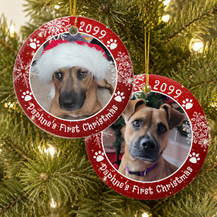 Dog First Christmas Snowflakes 2 Photo Red Ceramic Ornament