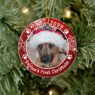 Dog First Christmas Snowflakes 2 Photo Red Ceramic Ornament