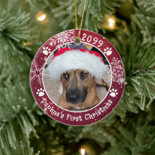 Dog First Christmas Snowflakes 2 Photos Ceramic Ornament