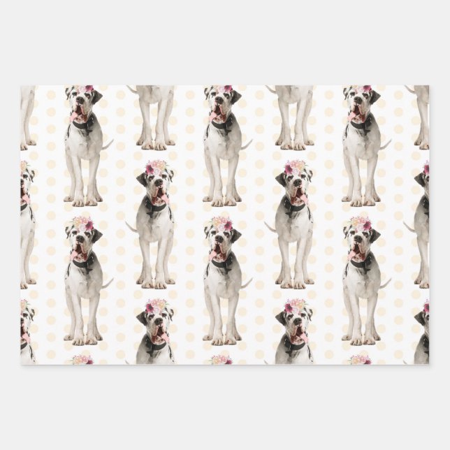 Dog Floral Great Dane Pattern, Dog Fan Gift Wrapping Paper Sheet (Front)