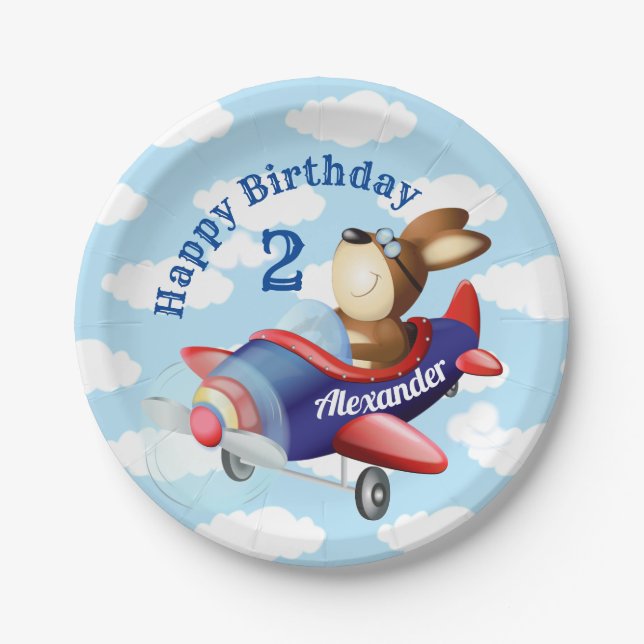 Dog Flying Airplane Kids Birthday Party Paper Plate (Front)
