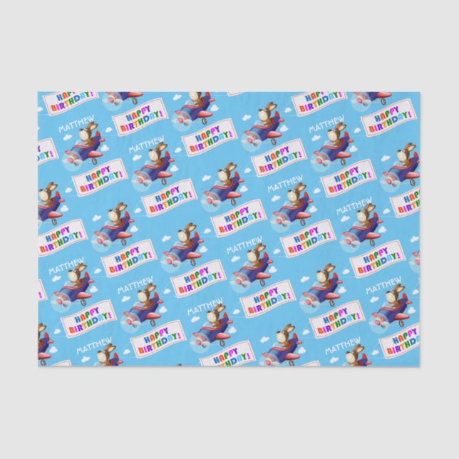 Dog Flying Airplane Personalized Birthday Tissue Paper (Front)