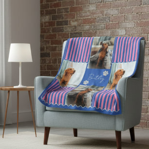 Dog Four Photo Grid Pink Stripe Squiggle  Fleece Blanket