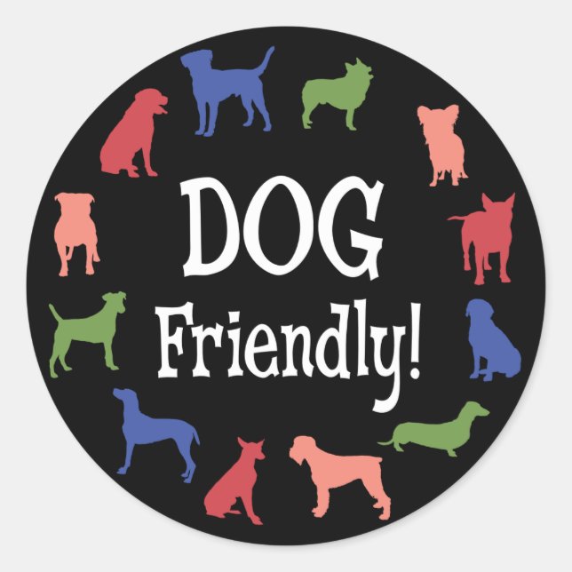 Dog friendly with colourful dog breed silhouettes classic round sticker (Front)