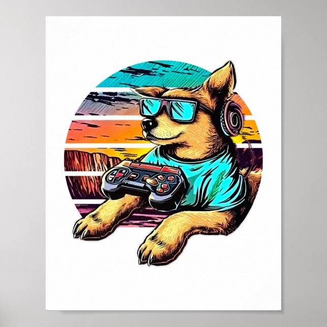 Dog Gamer, Retro Vintage Design Poster (Front)