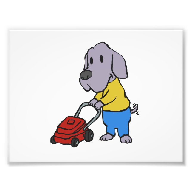 Dog gardener with lawn mower | choose back colour photo print (Front)