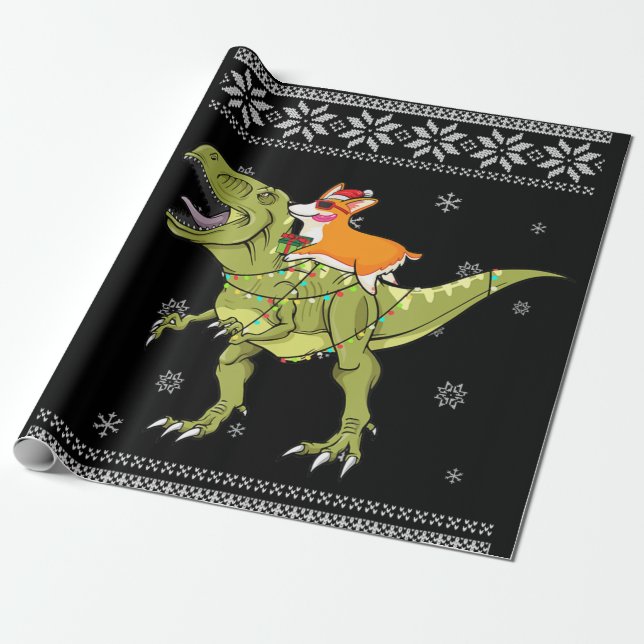 Dog Gift | Corgi Riding T Rex Dinosaur Christmas Wrapping Paper (Unrolled)