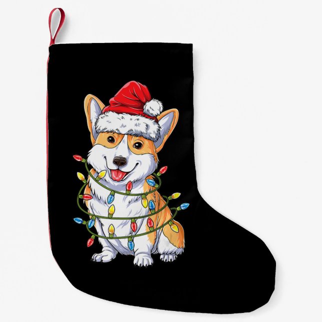 Dog Gift | Corgi Santa Christmas Tree Lights Xmas Small Christmas Stocking (Front)