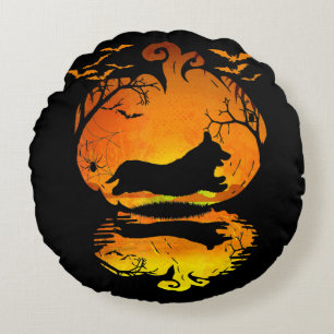 Dog Gift   Corgi Silhouette Pumpkin Halloween Round Pillow