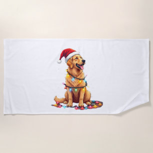 Dog Golden Retriever Santa Christmas Xmas Lights ( Beach Towel