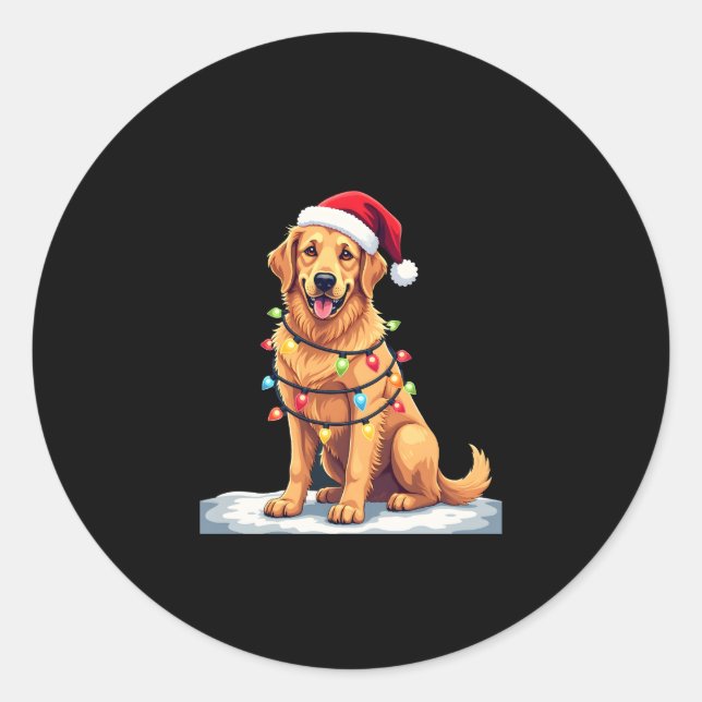 Dog Golden Retriever Santa Christmas Xmas Lights ( Classic Round Sticker (Front)