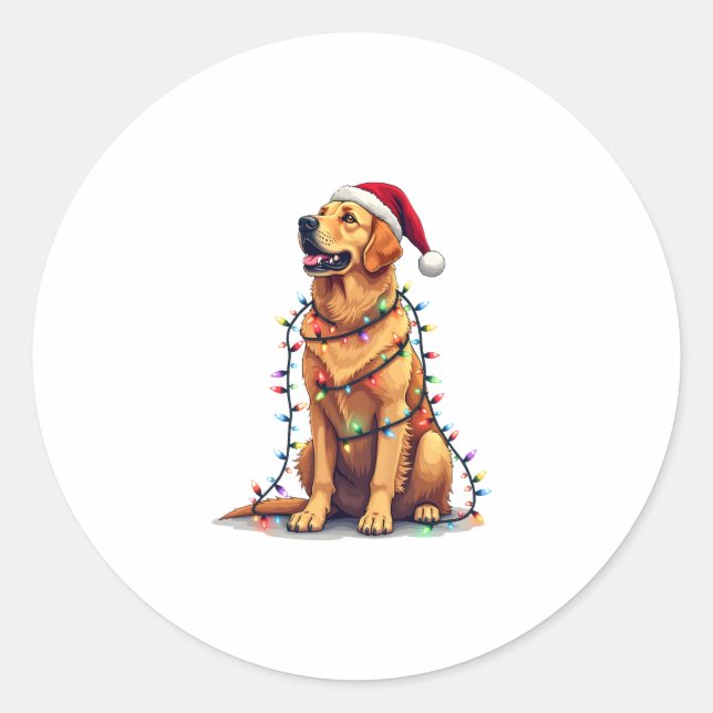 Dog Golden Retriever Santa Christmas Xmas Lights ( Classic Round Sticker (Front)