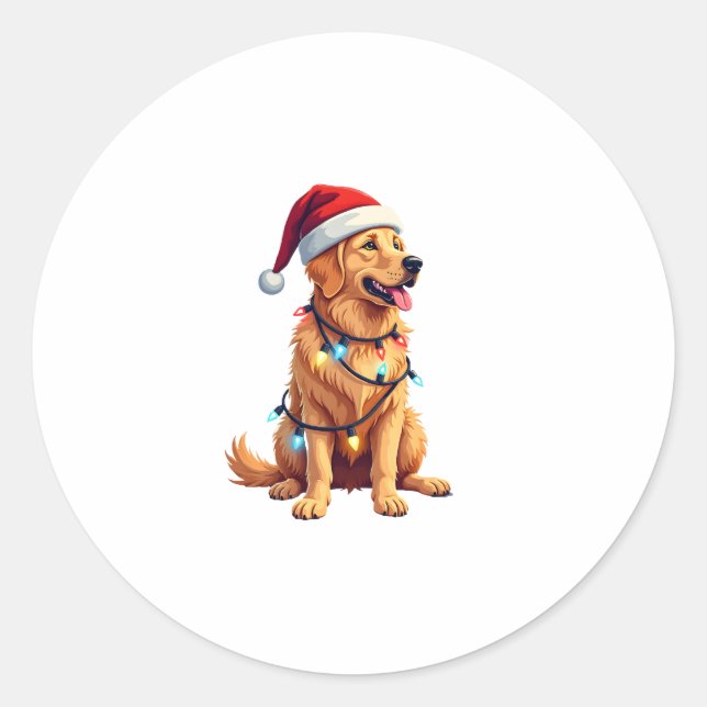 Dog Golden Retriever Santa Christmas Xmas Lights ( Classic Round Sticker (Front)
