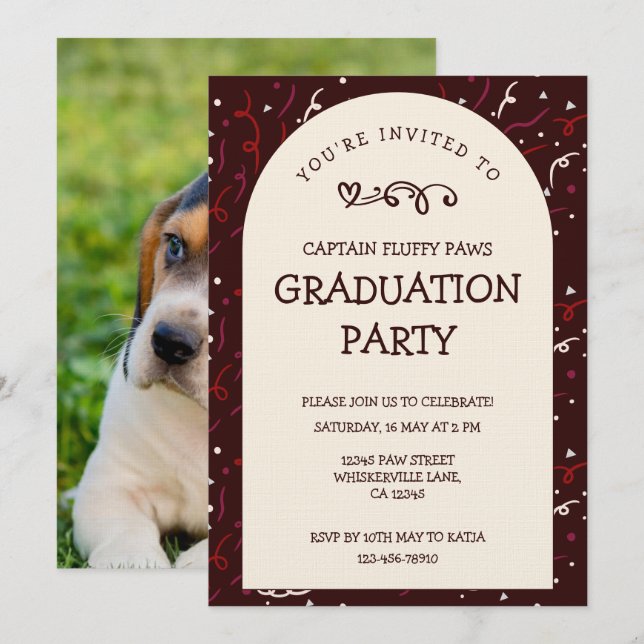 Dog Graduation Announcement Black Cherry Invite  (Front/Back)